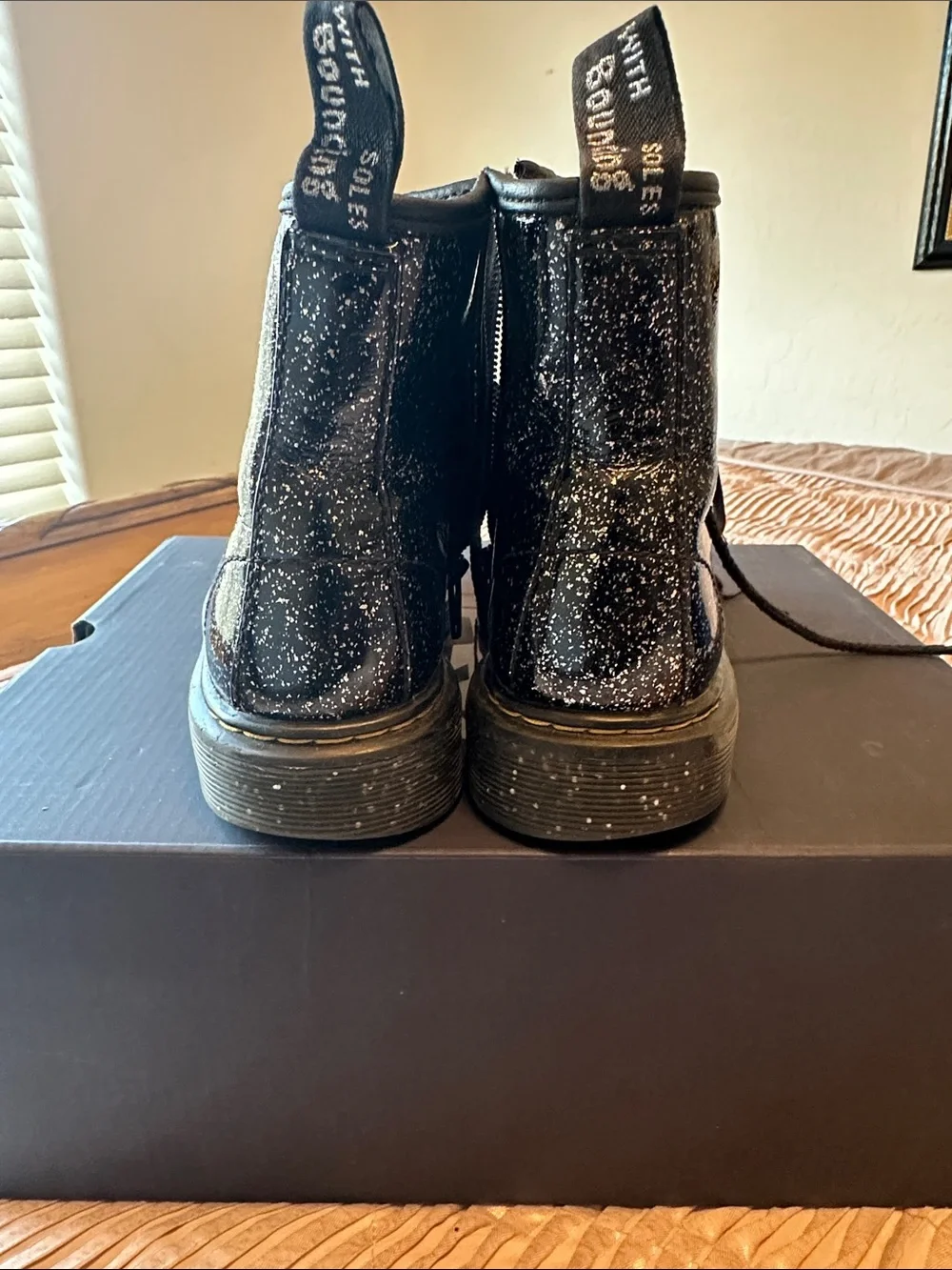 Dr. Martens Kids Black Glitter Lace-Up Boots with Gold Stitching